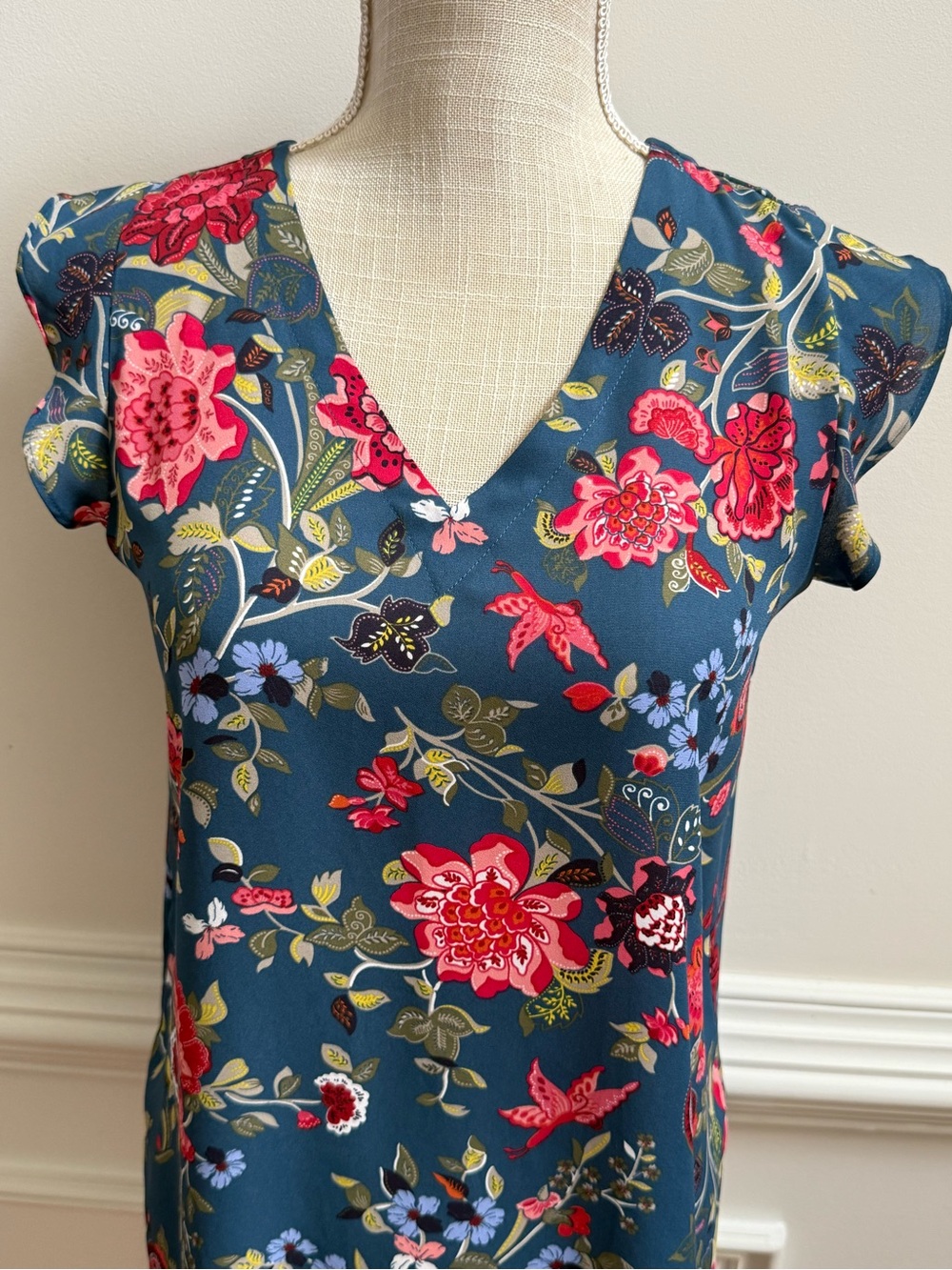 LOFT Teal Floral V-Neck Blouse - Picture 6 of 8